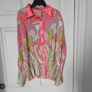 Womens Pink Multi-Print Satin Trim Button-Up Blouse